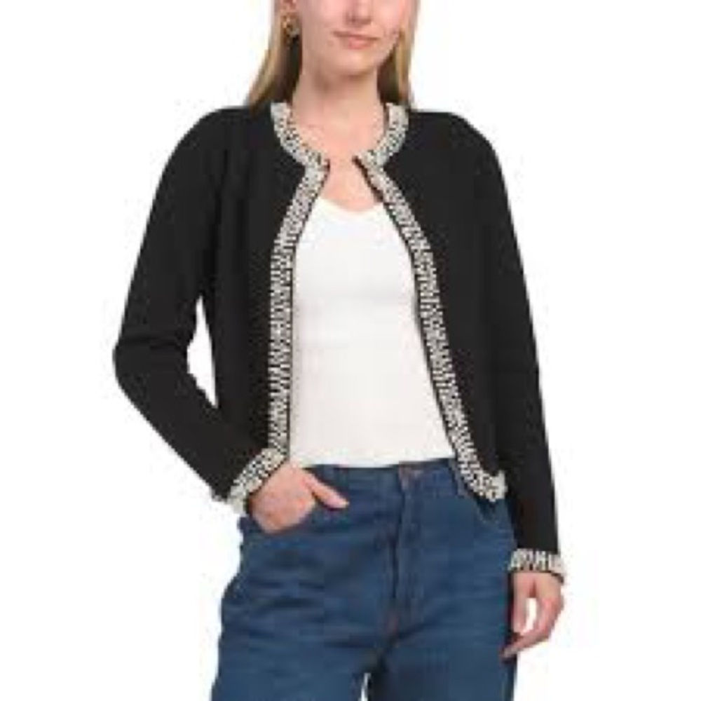 NWT Sioni Black Knit Pearl Trim Cardigan Classic Preppy Sweater Minimalist Chic